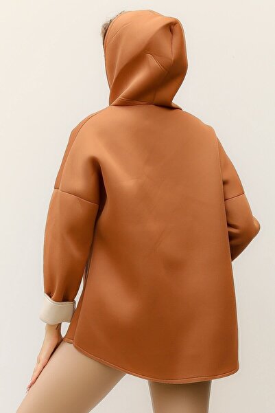 della moor Women's Tan Italian Scuba/Diver Fabric Zippered Hooded Oversize Jacket