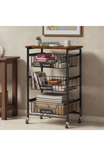 Sinyin رفوف مطبخ مكونة من 4 طبقات، رفوف للخضراوات والفواكه، عربات تخزين المطبخ ذات سطح خشبي