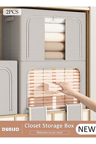 DOMEET 2 Pack Closet Storage Box with Metal Frame, Stackable Flodable Closet Container Organizer with Lids