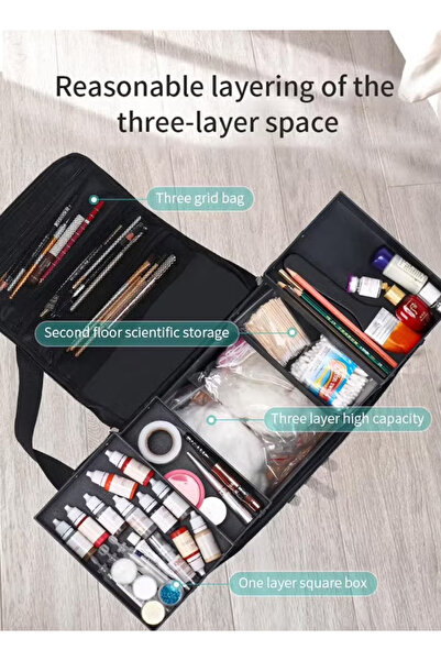 Generic Black makeup bag, double-layer travel makeup case, suitable for nail care, toiletries, and cosmetics