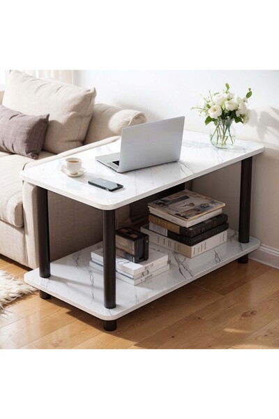 CHOIWIN Double-Layer Coffee Table (80x40x53cm) - Scratch/Water-Resistant Wooden Sofa Table with Large Deskto