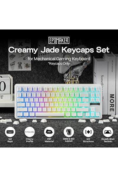 Epomaker Creamy Jade PBT Keycaps - 142 Keys, Double-Shot, Cherry Profile (White)