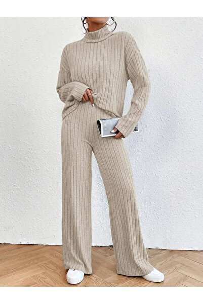 NEWORGINAL Women's Turtleneck Cotton Line Pattern Casual Comfortable Two-Piece Set
