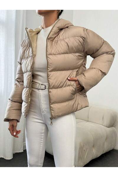BLUSS Women's Short Hooded Inflatable Coat Cold-Proof Puffer Jacket (Beige/Cream)