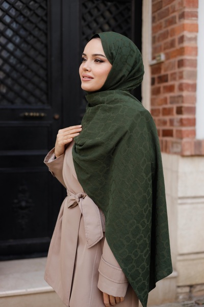 ipekistanbul Soft Jacquard Shawl - Chain Pattern - Khaki Green