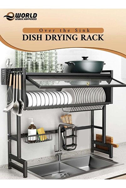 Eworld رف تجفيف أطباق مزدوج الطبقات مع غطاء فوق الحوض - ألوان متنوعة