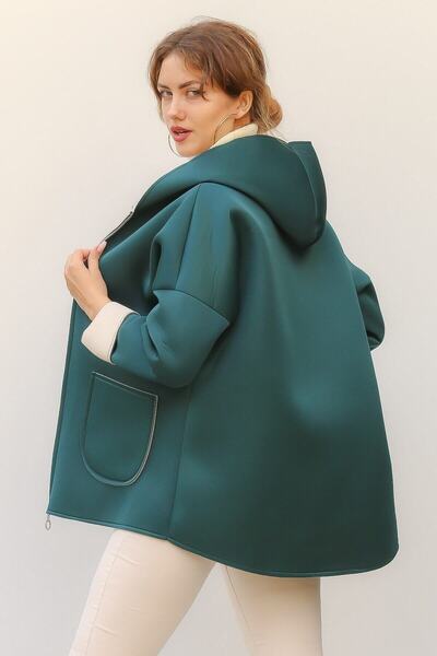 della moor Women's Green Italian Scuba/Diver Fabric Zippered Hooded Oversize Jacket