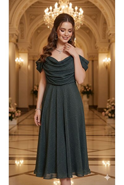 NARCISSUS FASHION Pleated evening dress with off-the-shoulder design