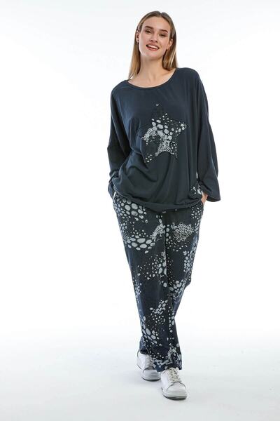 della moor Set de pijamale largi, albastru, italian, imprimeu leopard pentru femei