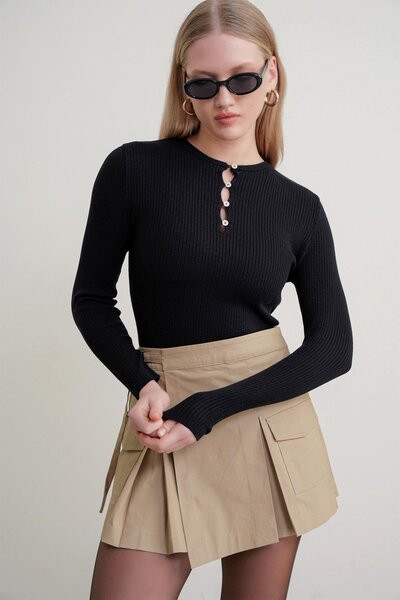 Mixray 6982 Women's Britli Detailed Soft Basic Sweater Black