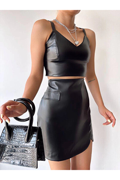 Zerenyus Oval Covered Leather Skirt with Pocket Detail Black