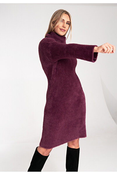 Figl Warm dress with high collar - Knitted dress - cherry M1096 size Universal