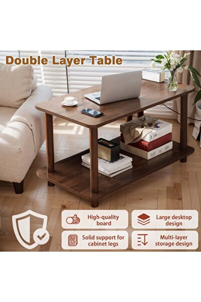 CHOIWIN Double-Layer Coffee Table (80x40x53cm) - Scratch/Water-Resistant Wooden Sofa Table with Large Deskto