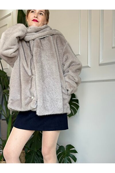 LUUN Gri Renk Atkılı Suni Kürk