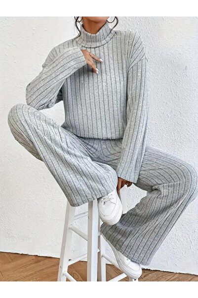 NEWORGINAL Women's Turtleneck Cotton Line Pattern Casual Comfortable Two-Piece Set
