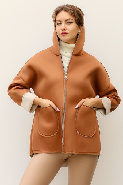 della moor Women's Tan Italian Scuba/Diver Fabric Zippered Hooded Oversize Jacket