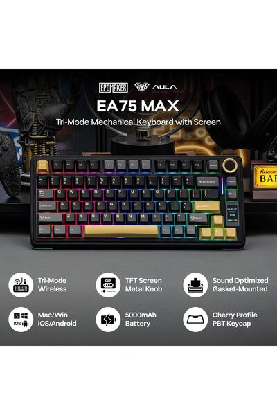 Epomaker EA75 MAX Wireless Mechanical Gaming Keyboard with Screen & Knob (Black, Ice Vein Switch)