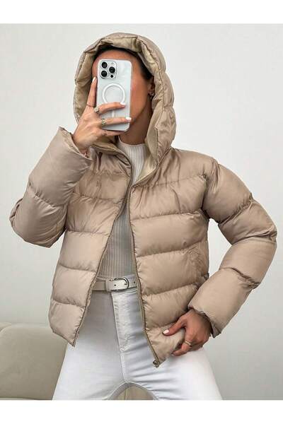 BLUSS Women's Short Hooded Inflatable Coat Cold-Proof Puffer Jacket (Beige/Cream)