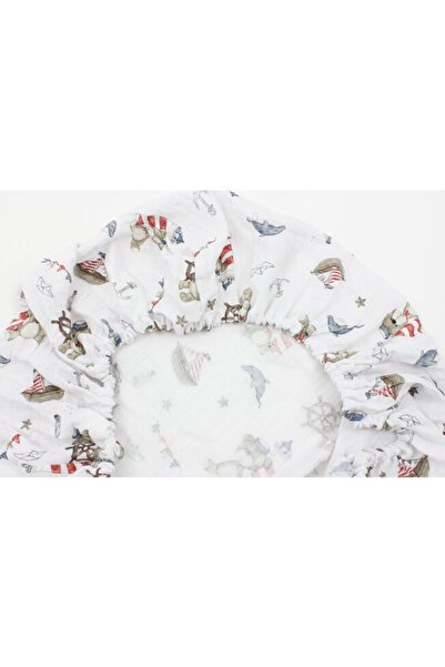PRICHINDEL Fitted Sheet, Muslin, "Little Sailor Bear", White, 120 x 60 cm