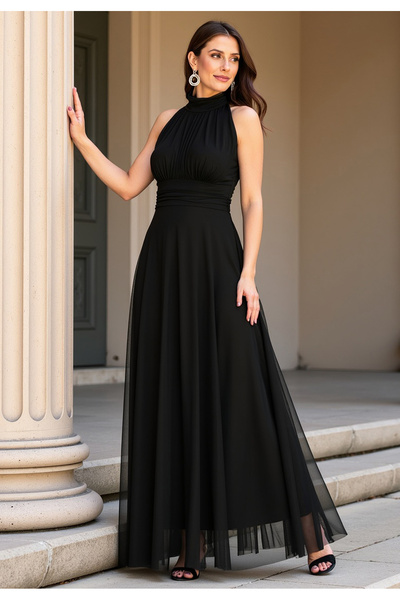 Figl Rochie lungă de seară - Rochie cu decolteu halter - Rochie neagră M1173 ...