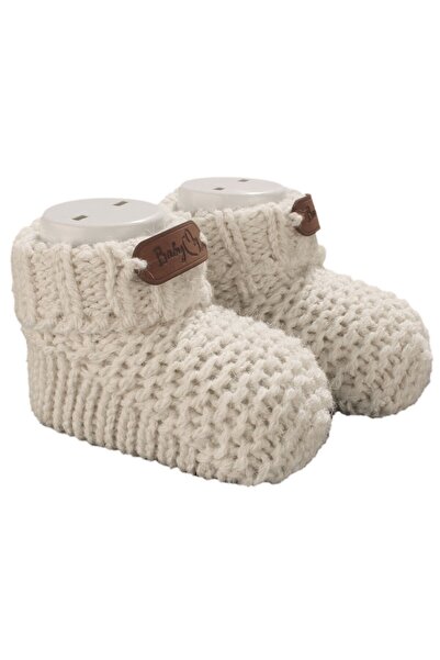bebegen أحذية تريكو مطرزة من الجلد البيج للجنسين من عمر 0 إلى 6 أشهر