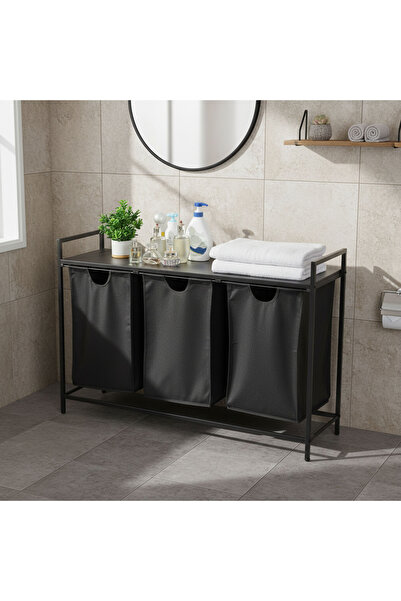 Sinyin سلة غسيل قابلة للسحب، سلة غسيل مكونة من 3 أقسام مع رف، سعة كبيرة