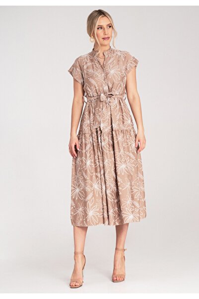 Figl Elegant Mock Neck long dress with Printed – brown M1180 Universal