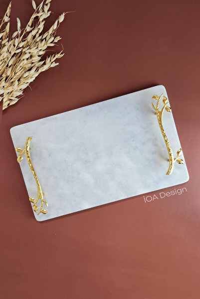 ioadesign Acacia Real Thin Marble Presentation Tray 32X20 cm - Gold Handle
