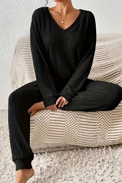 Mossta V-Neck Ribbed Knit Blouse Trousers Double Suit - Black