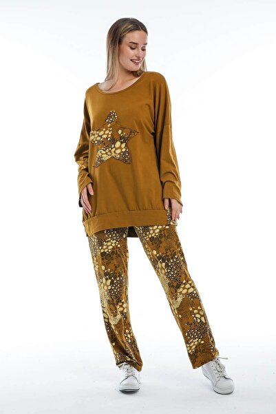 della moor Women's Mustard Italian Leopard Pattern Low Sleeve Loose Pajama Set