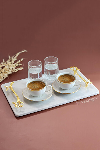 ioadesign Acacia Real Thin Marble Presentation Tray 32X20 cm - Gold Handle