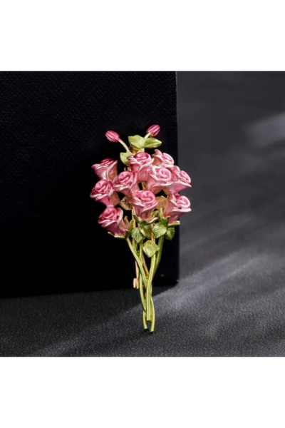 MAURA LIYUZA Vintage Pembe Renkli Tasarım Gül Buketi Broş