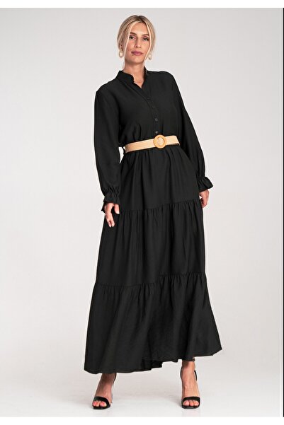 Figl Rochie lungă casual cu curea, cu volane jos – neagră M1212 Universal