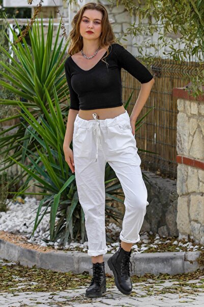 della moor Women's White Italian Large Size Plain L Stretch Fabric Pants 44-54 Size