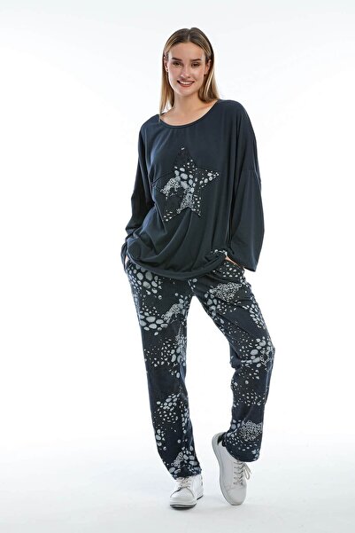 della moor Set de pijamale largi, albastru, italian, imprimeu leopard pentru femei