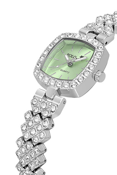 Poloair Square Case Luxury Stone Women Wrist Watch Silver Green Color Pl-1585B4X