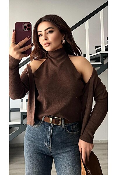 Oslove Bitter Brown Self-Neckline Detailed Knit Cardigan