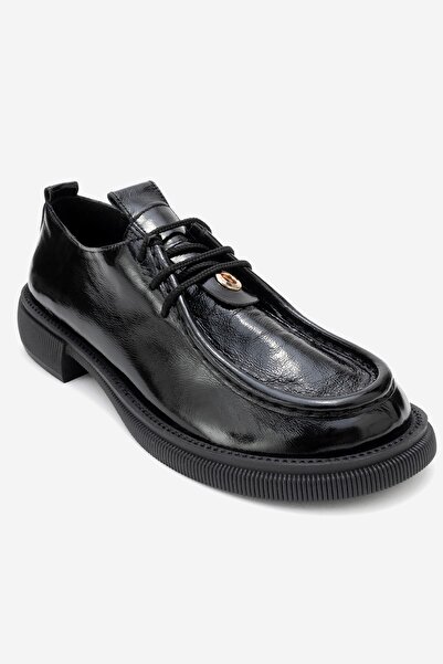 LuviShoes BAND Siyah Kırışık Rugan Hakiki Deri Bağcıklı Kadın Loafer Ayakkabı