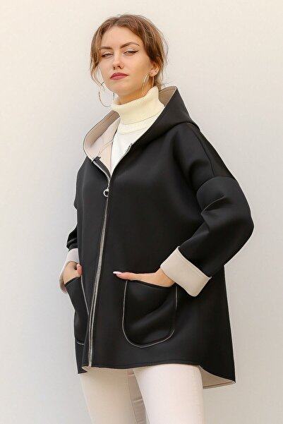 della moor Women's Black Italian Scuba/Diver Fabric Zippered Hooded Oversize Jacket