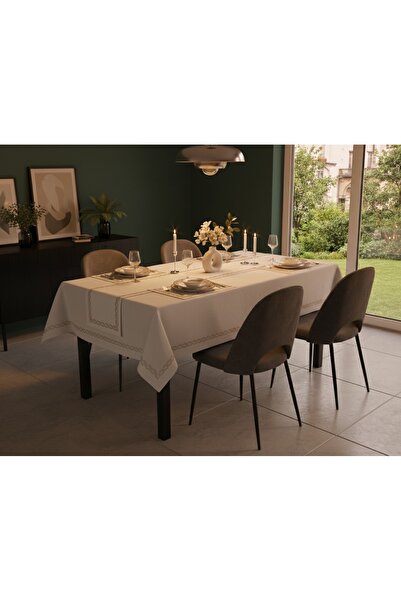 Ceki Home Matilda American Tablecloth Set – Gardenia Linen – French Lace – Go...