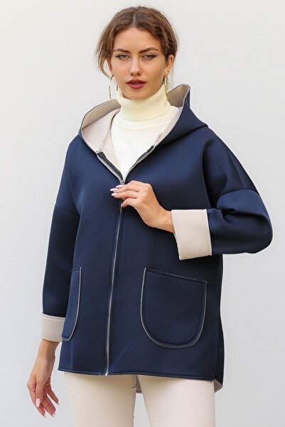 della moor Women's Navy Blue Italian Scuba/Diver Fabric Zippered Hooded Oversized Jacket