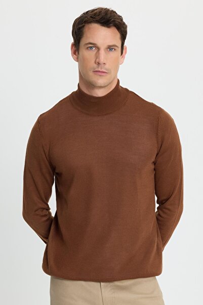 Tudors Men's standard fit regular cut half turtleneck plain brown knit sweater