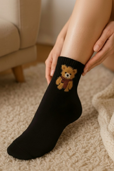 Arma Yıldız 4 Pairs of Teddy Bear Patterned Women's College Socks