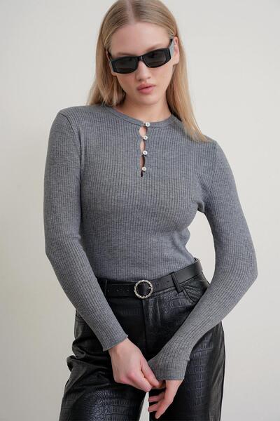 Mixray 6982 women's britli detailed soft basic sweater gray