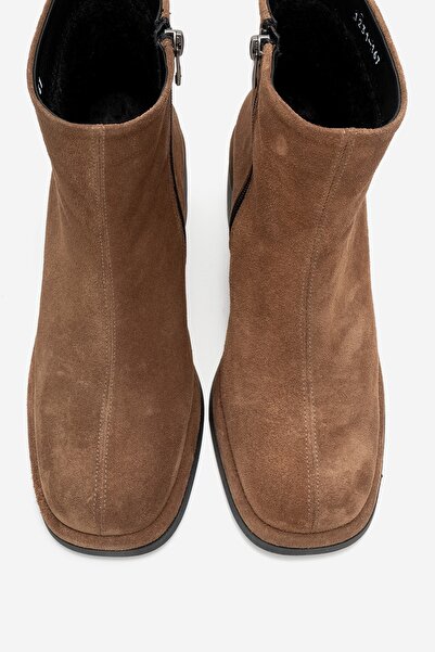 LuviShoes Γυναικείες μπότες με χοντρό τακούνι JUNAE Tan Suede από γνήσιο δέρμα