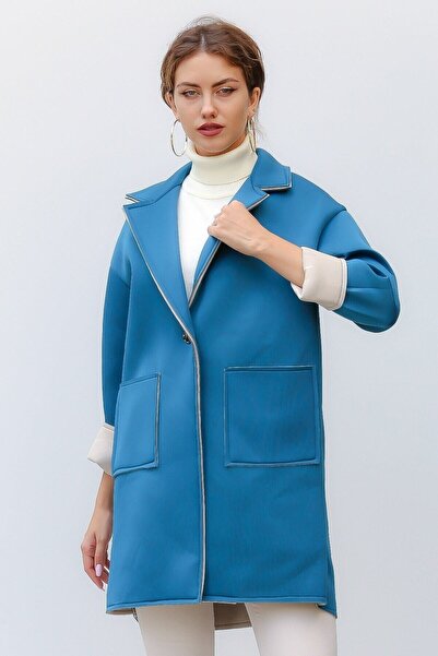 della moor Women's Turquoise Italian Scuba/Diver Fabric Single Button Oversize Jacket