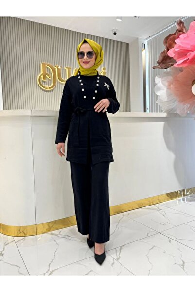 FUAT GÜRSEN Pearl Button Detailed Waist Belted Bag Pocket Trouser Three-Piece Knitwear Set