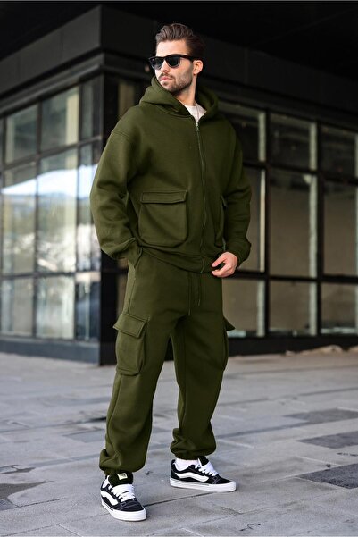 Madmext Khaki Hooded Cargo Pocket Piece Men's Tracksuit Set E7342