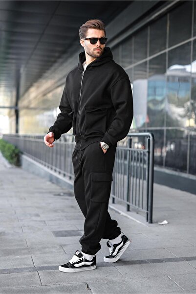 Madmext Black Hooded Cargo Pocket Piece Men's Tracksuit Set E7342
