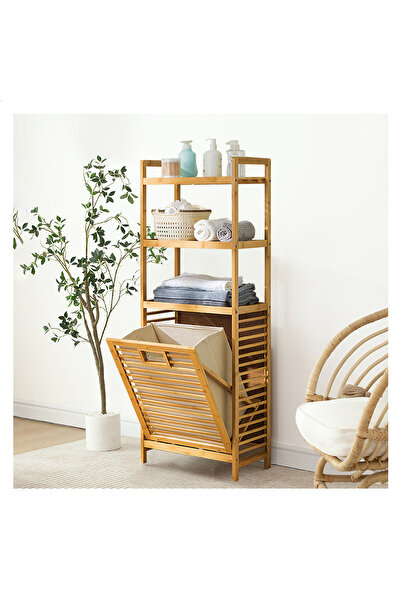 Sinyin Bamboo Laundry Hamper with Dual Compartments,Laundry Basket with Removable Sliding Bags&Shelf